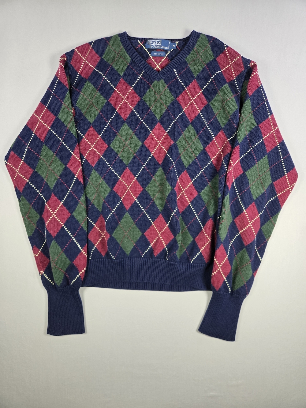 Vintage Polo Ralph Lauren Argyle V-Neck Sweater 90s Preppy Grandpa Knit M